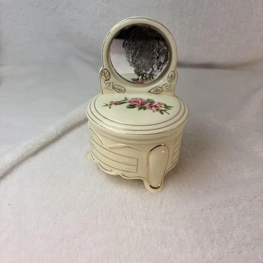 Vtg Porcelain Jewelry Trinket Box Floral Roses‎ Dresser Real Round Mirror Vanity